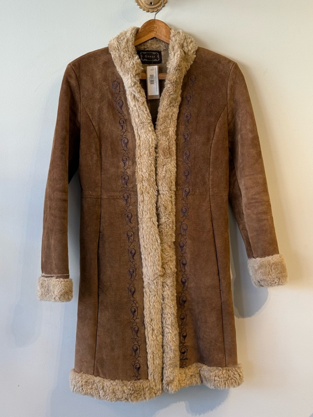 Stunning Vintage Guess embroidered tan suede Penny Lane coat